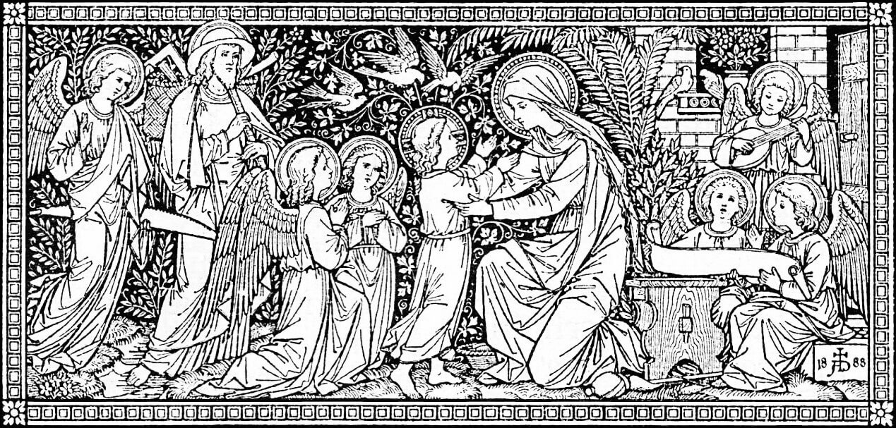 San José, la Virgen y el niño en Nazaret rodeados de ángeles que los alabana