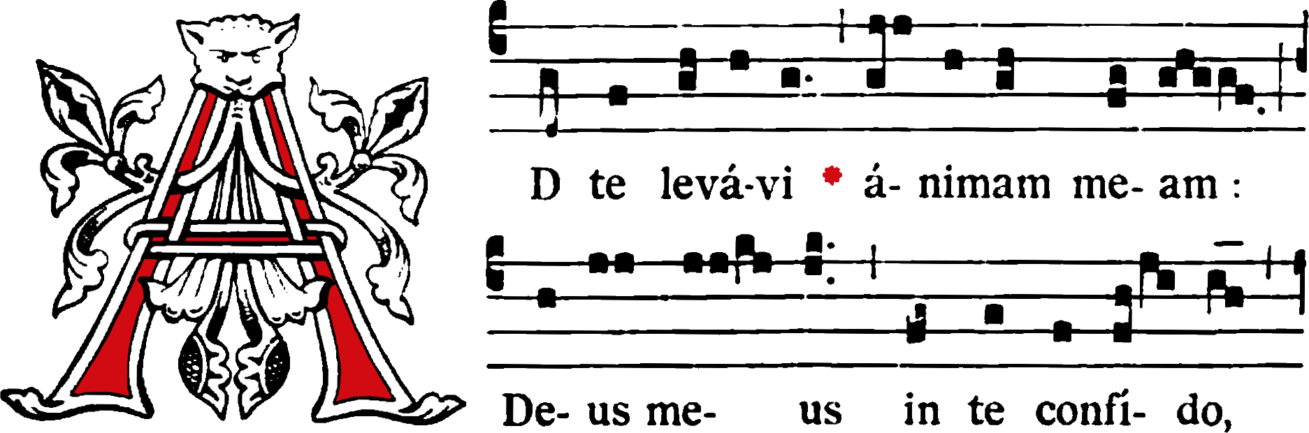 Fragmento de la partitura «Ad te levavi» con la primera letra adornada y coloreada