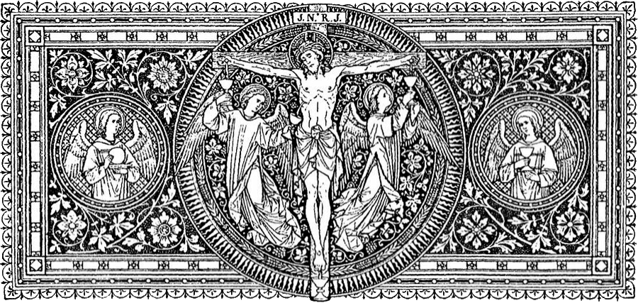Jesucristo crucificado con dos ángeles recogiendo su sangre en copas