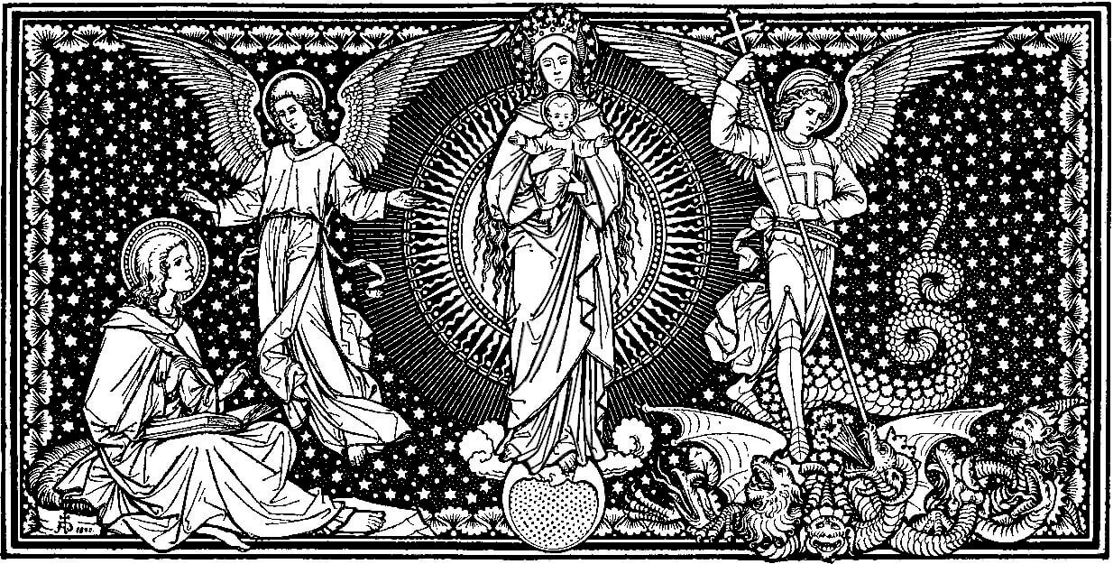 La Virgen Gloriosa con el Niño, San Juan Evangelista y San Miguel Arcángel