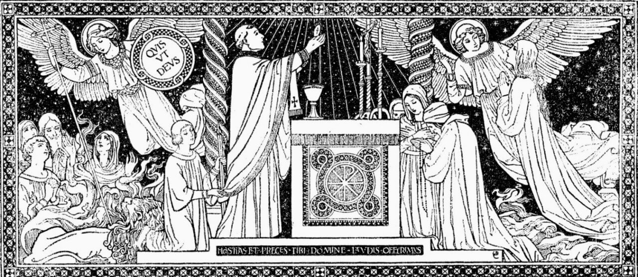 Ilustración de misal en blanco y negro de la Santa Misa  